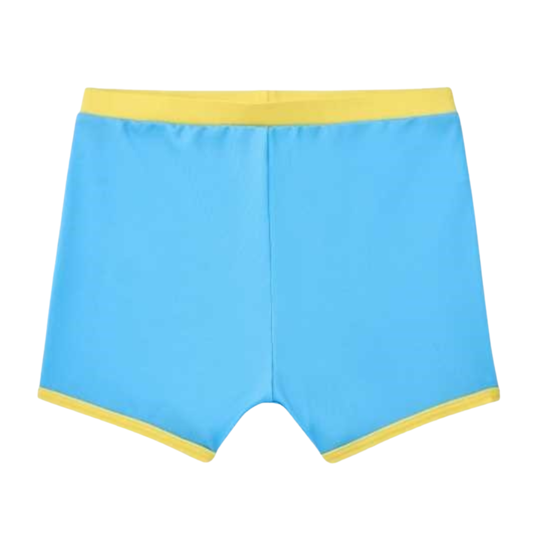 Cueca boxer azul com elástico e bordas amarelas em fundo branco
