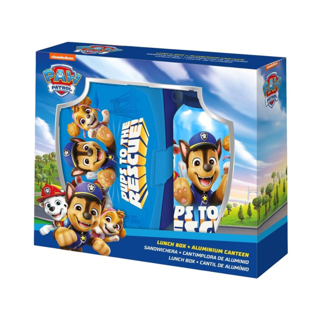 Conjunto PAW Patrol com lancheira azul e cantil de alumínio com personagens, em caixa de embalagem colorida.