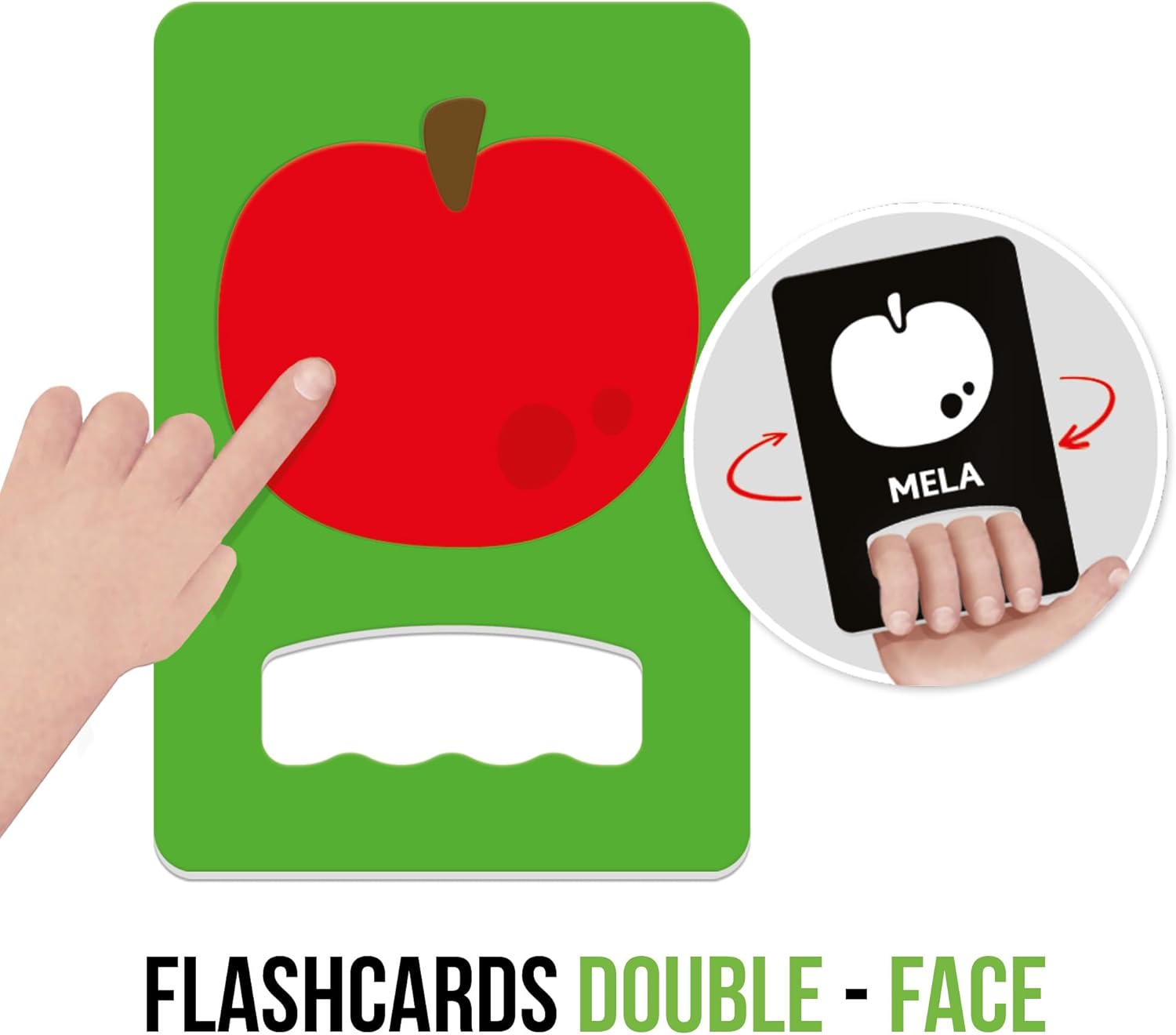 Flashcards duplos com maçã vermelha e texto 