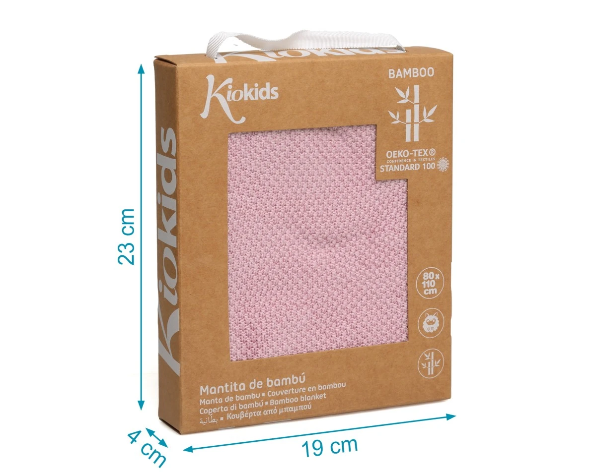 Embalagem de manta de bambú rosa para criança com janela transparente e texto informativo.