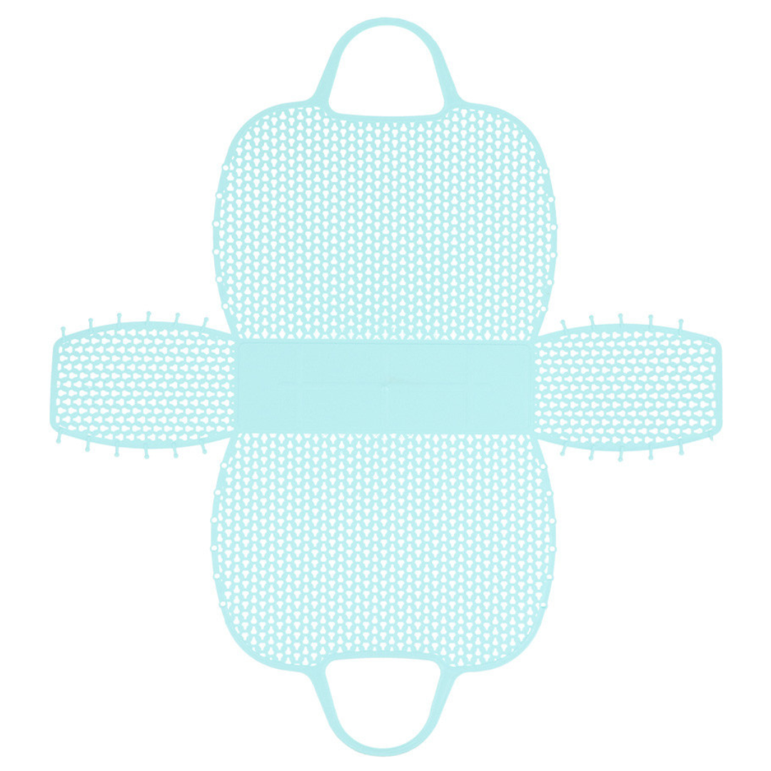 Forma azul claro de plástico perfurado com alças e extensões laterais