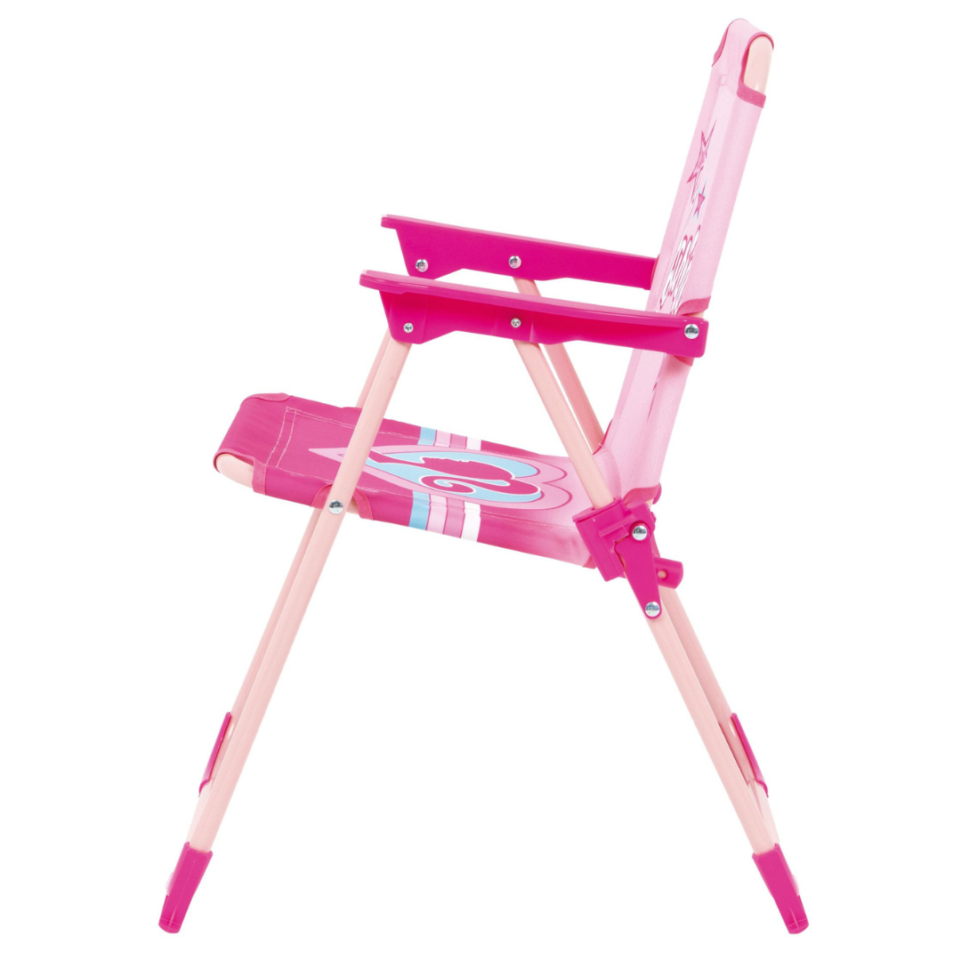 Cadeira infantil dobrável rosa com estrutura metálica e braços em plástico