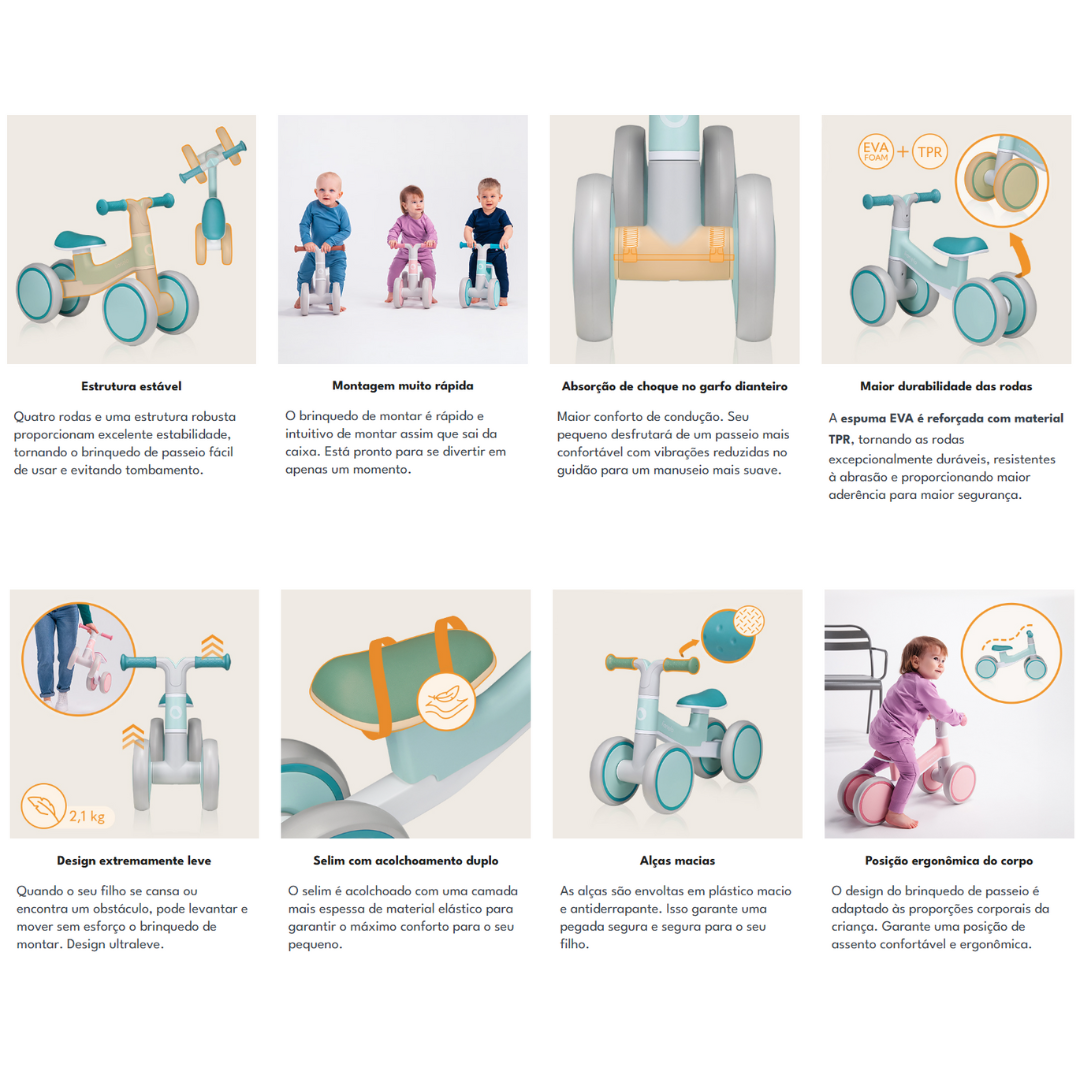 Brinquedo infantil em madeira azul claro com rodas cinzentas e assento salmão acolchoado