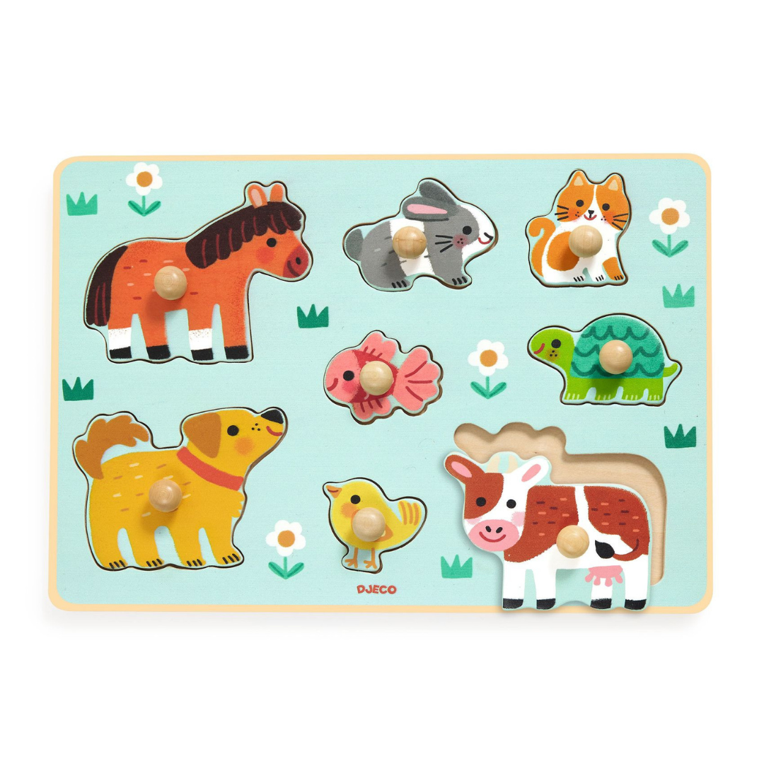 Puzzle infantil de madeira com animais coloridos em fundo azul claro