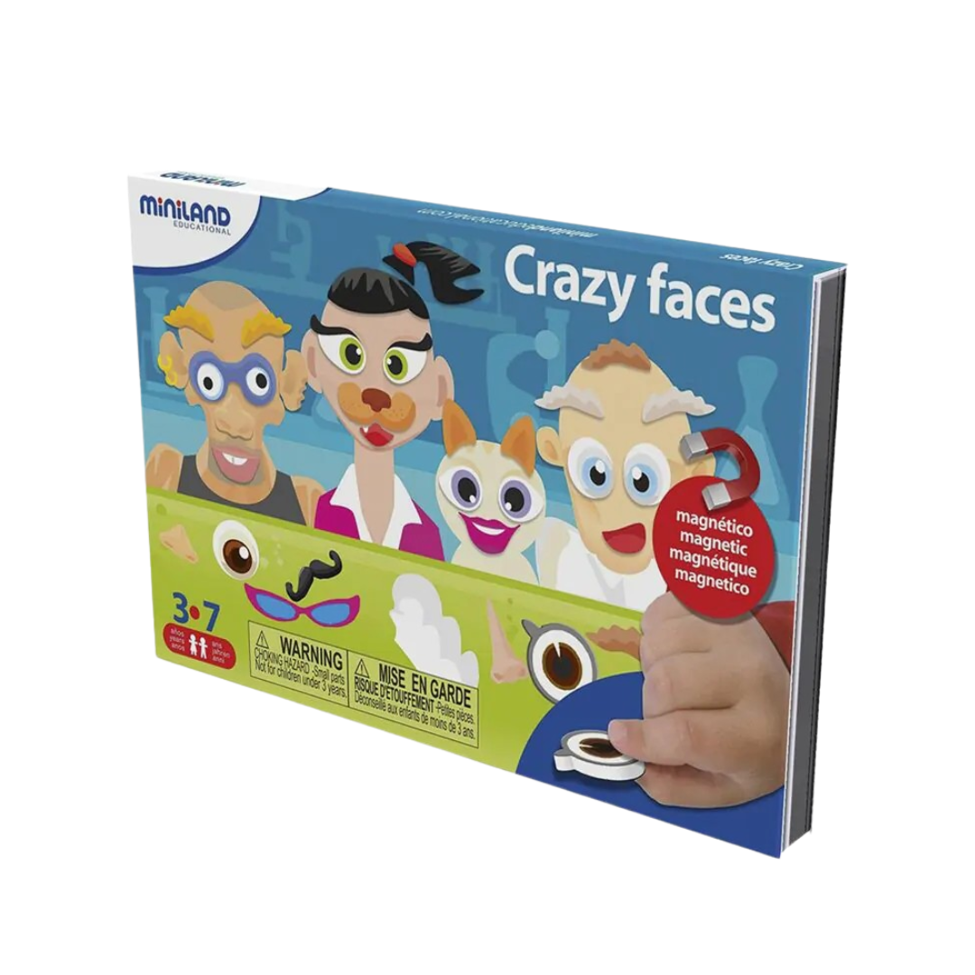 Caixa do jogo magnético Crazy Faces da Miniland com ilustrações de personagens divertidos e texto em várias línguas