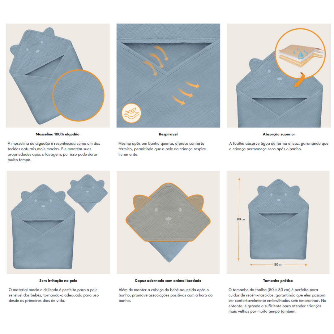 Toalha de banho para bebé azul com capuz e orelhas de animal