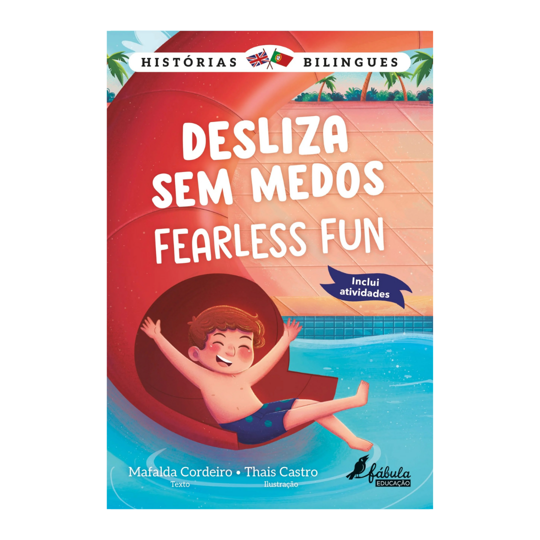 Capa de livro com uma criança a deslizar num escorrega vermelho para uma piscina azul