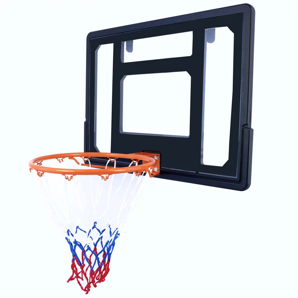 Tabela de basquetebol com tabuleiro preto transparente e aro laranja