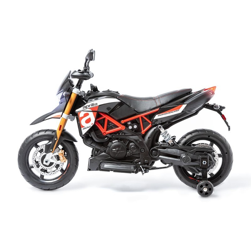 Motociclo preto Abrilila com detalhes vermelhos e brancos em fundo branco