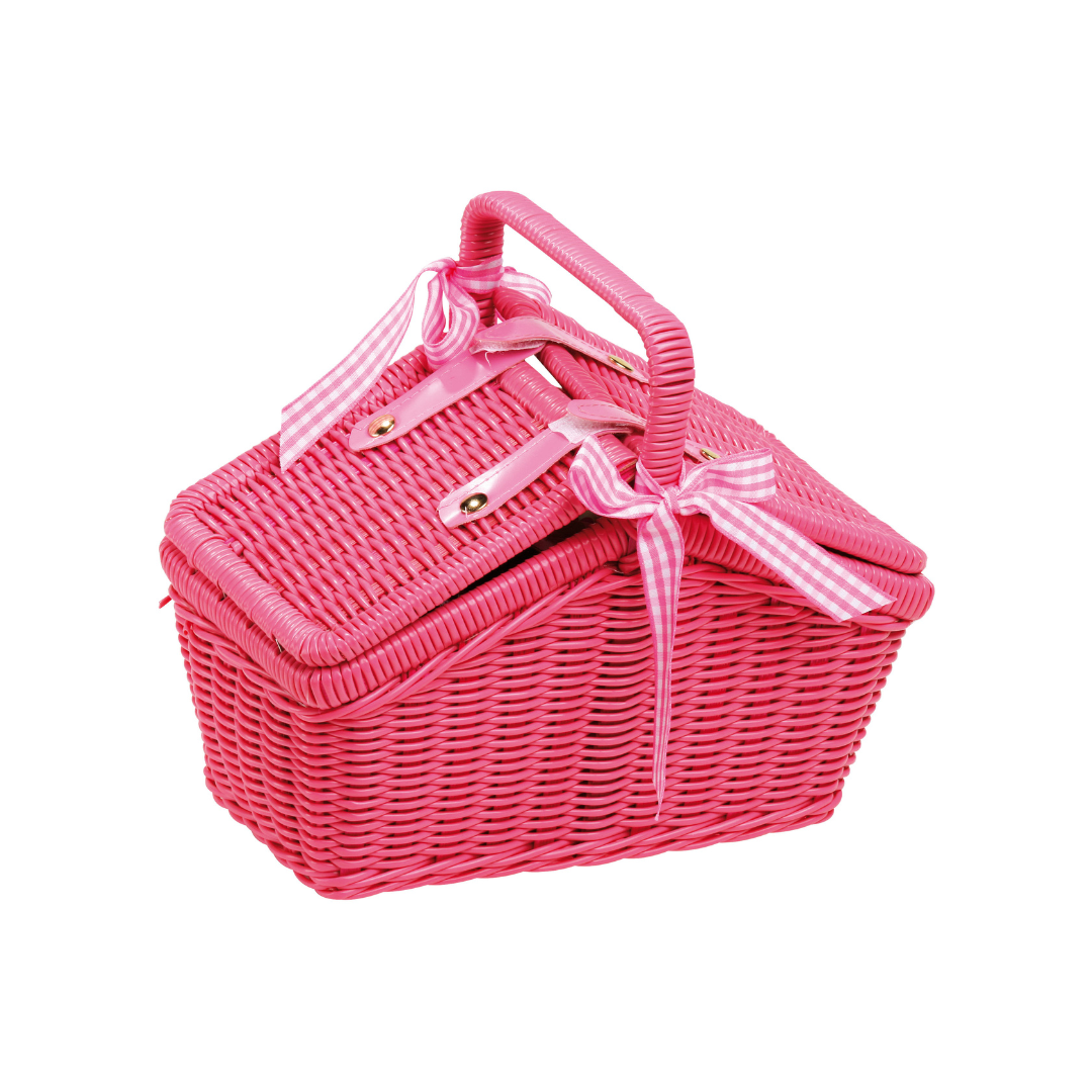 Cesto piquenique rosa com alça e fitas de tecido aos quadrados