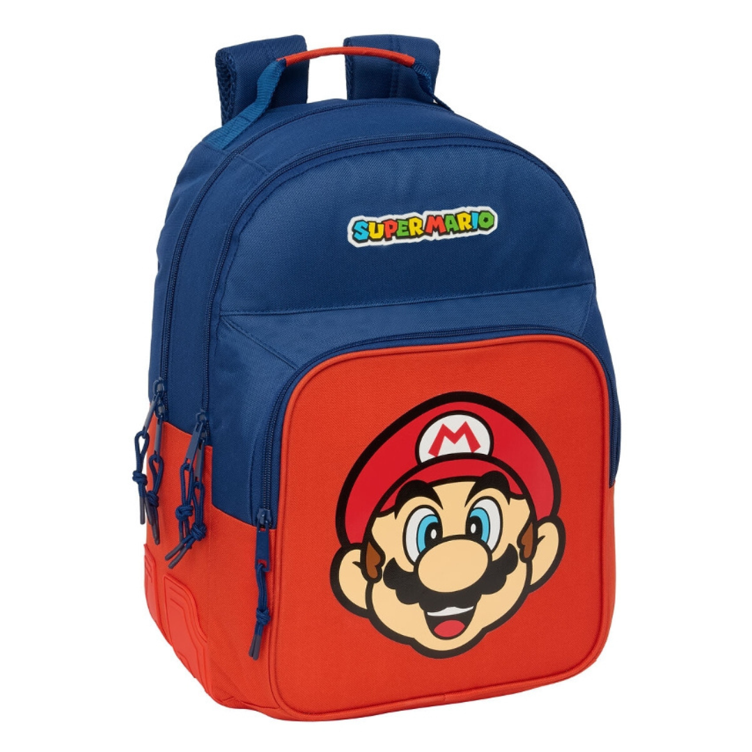Mochila azul e vermelha com imagem do Super Mario e texto SUPERMARIO