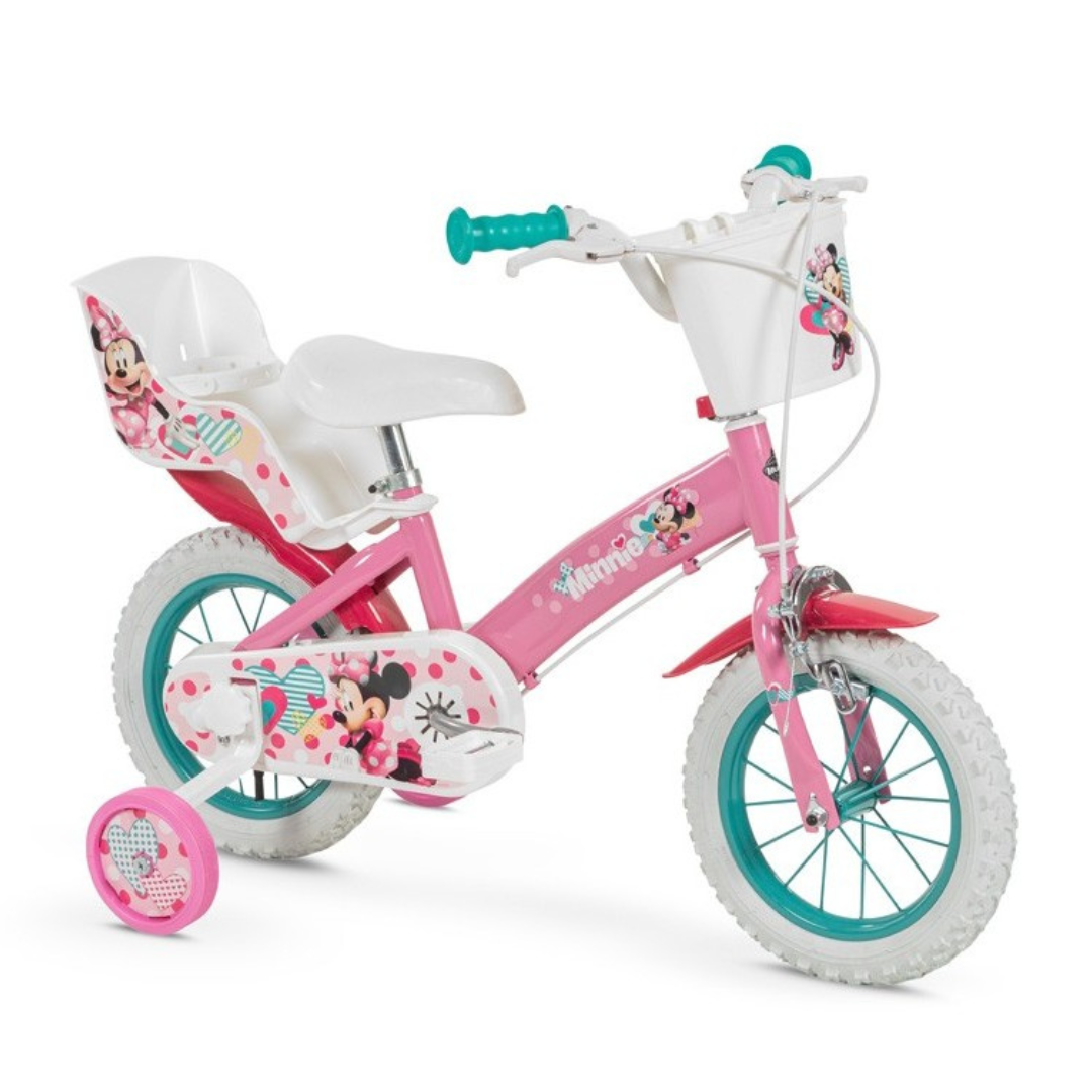 Bicicleta infantil rosa com decoração da Minnie e roda de treino
