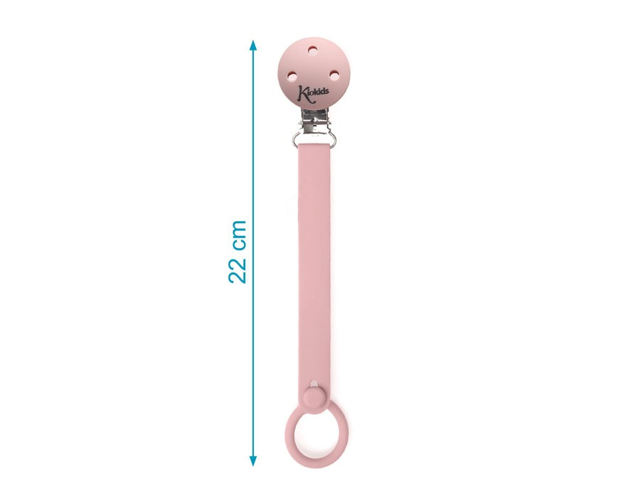 Prendedor para chupeta rosa com clipe metálico e argola de silicone, medida de 22 cm