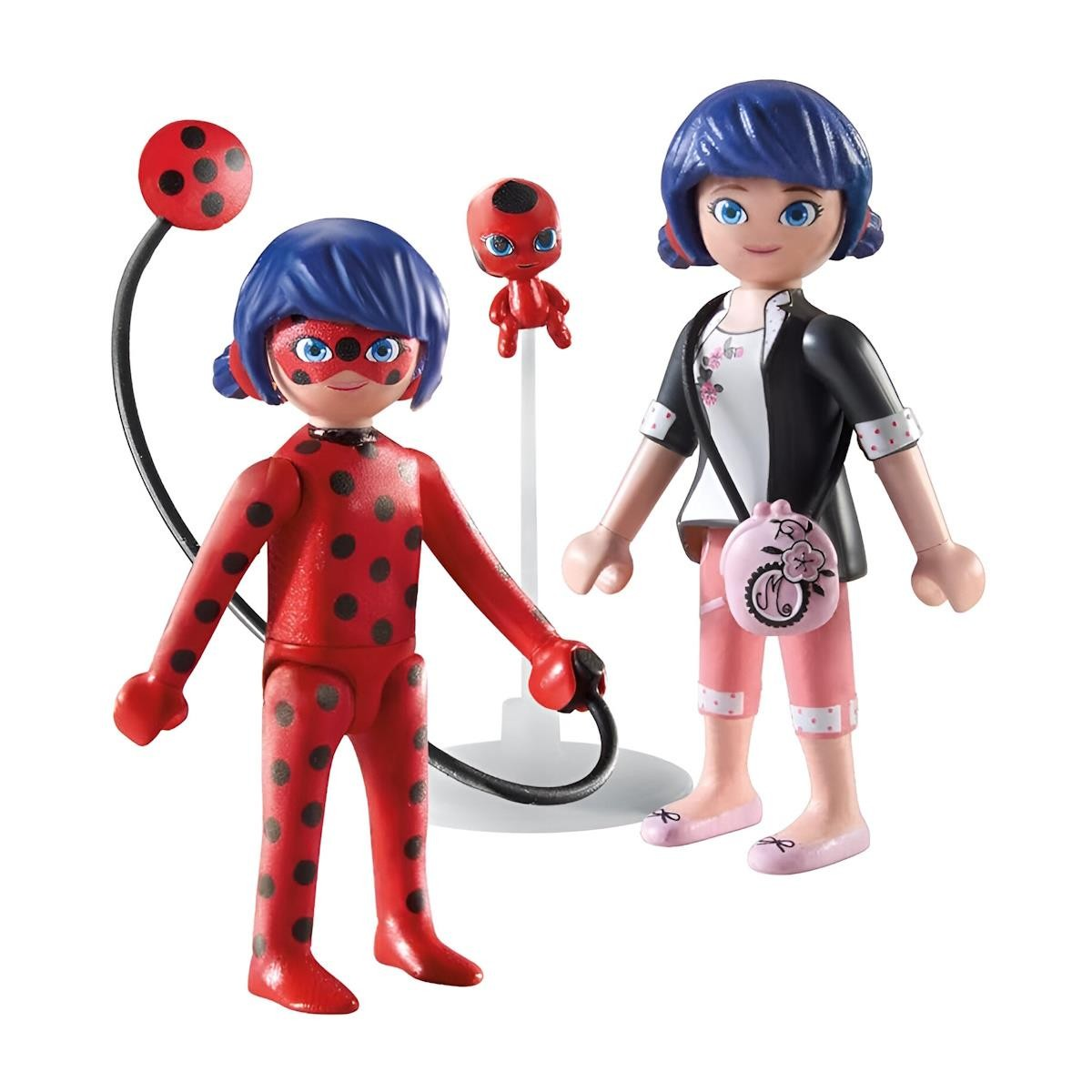 Conjunto Playmobil com duas figuras femininas e um pequeno boneco em suporte.
