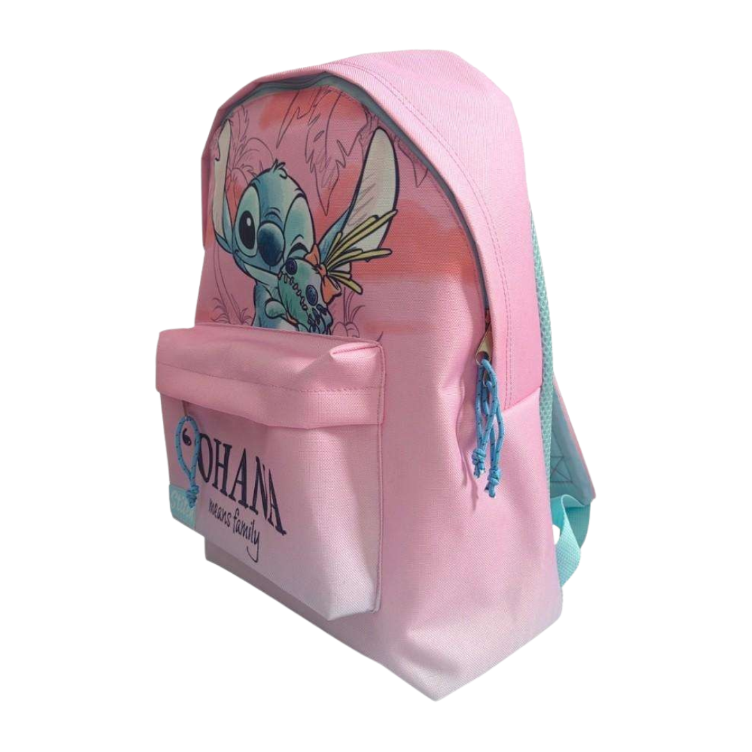 Mochila cor-de-rosa com personagem Stitch e texto OHANA