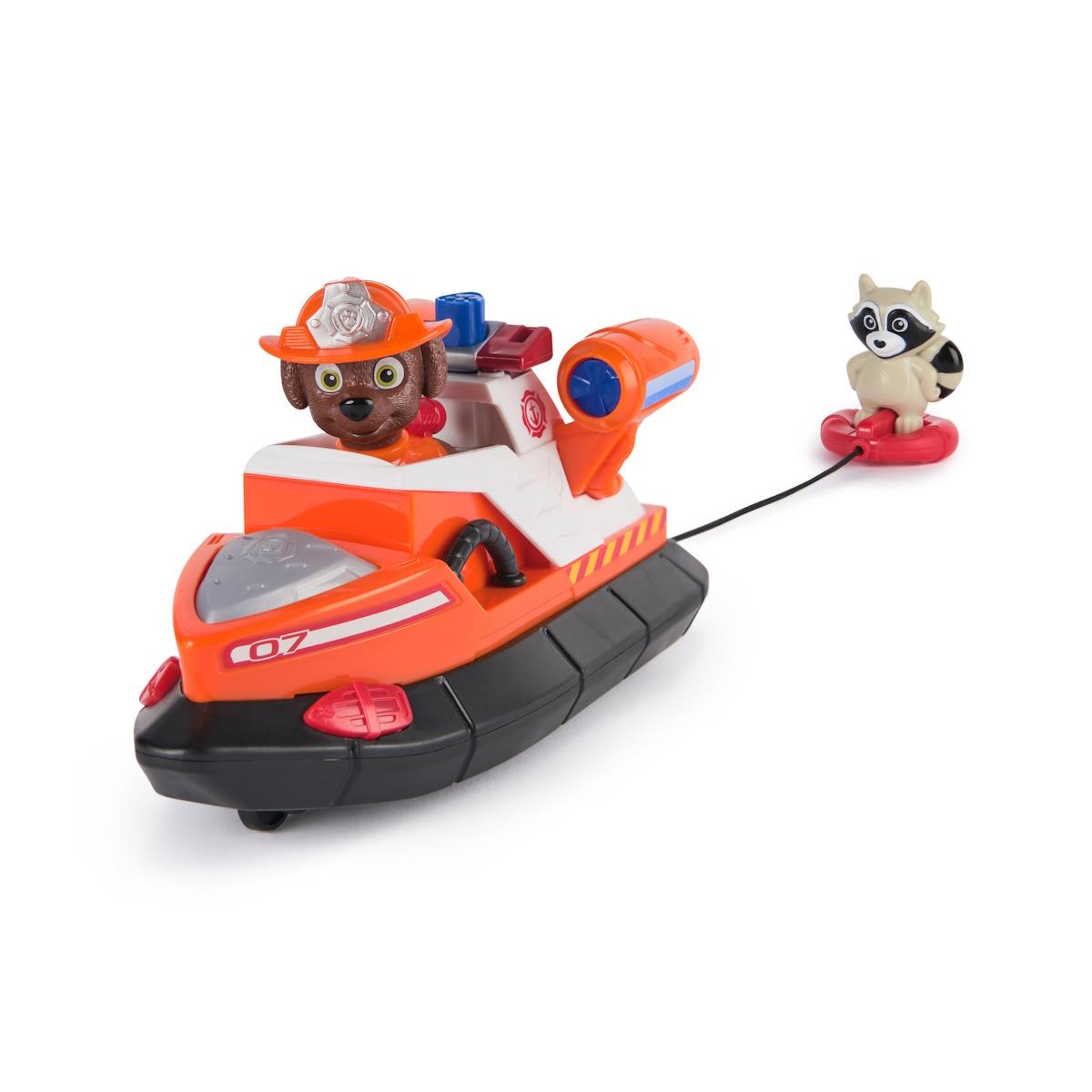 Brinquedo de barco salva-vidas com cão e guaxinim de plástico