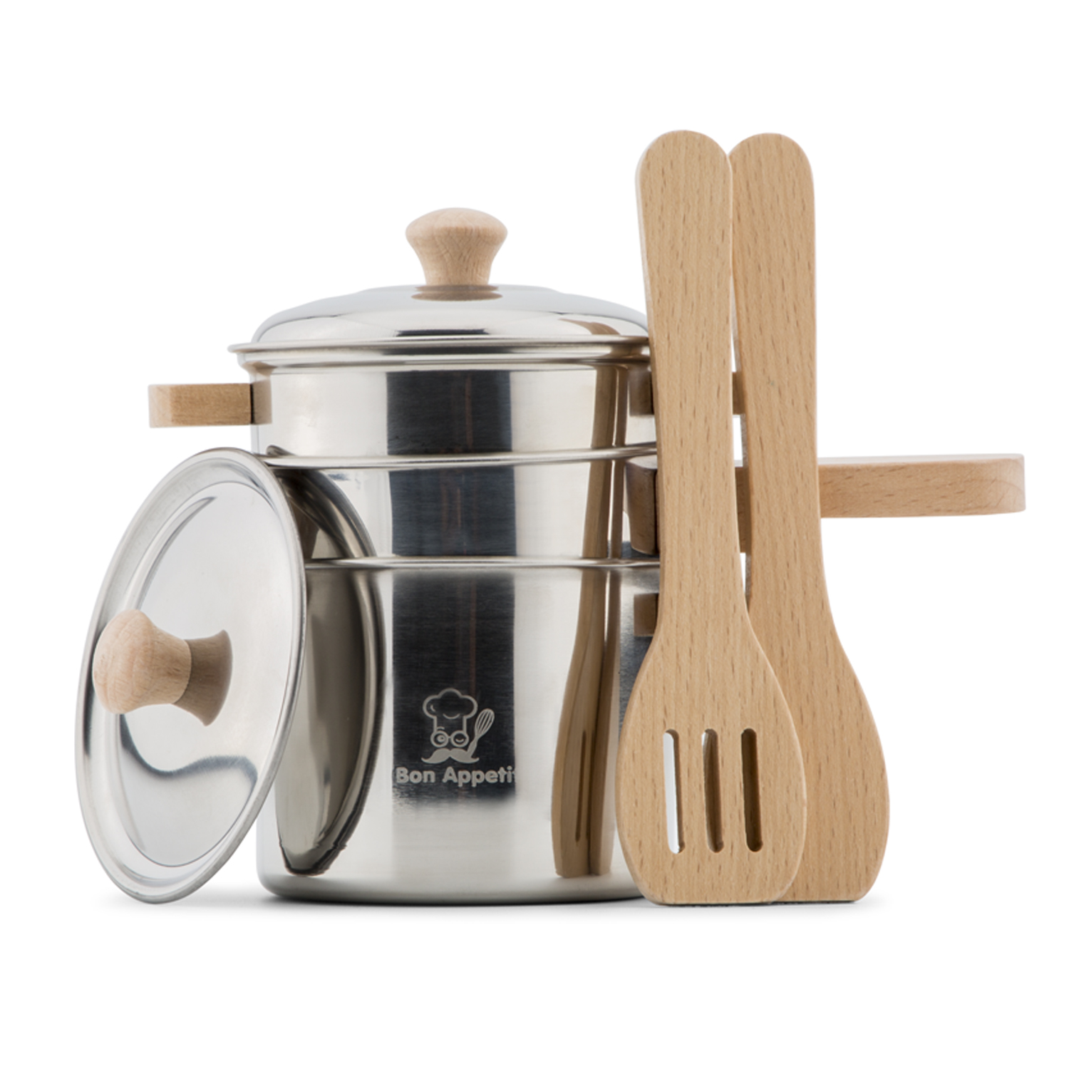 Conjunto de panela em aço inoxidável com tampa e espátulas de madeira.