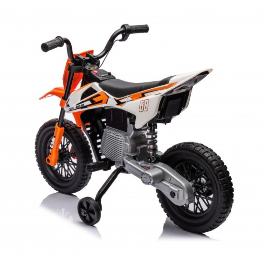 Motociclo infantil elétrico laranja, preto e branco com rodinhas de apoio.