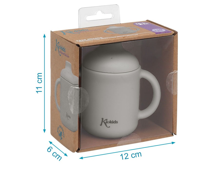 Caneca cinza claro para criança com duas pegas dentro de caixa de cartão e plástico transparente.