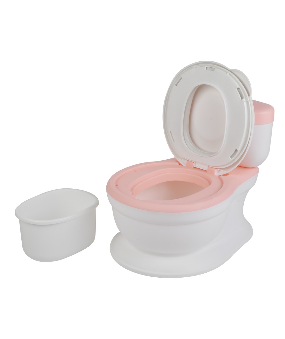Poltrona sanitária infantil branca com assento e tampa rosa, com pequeno balde branco ao lado