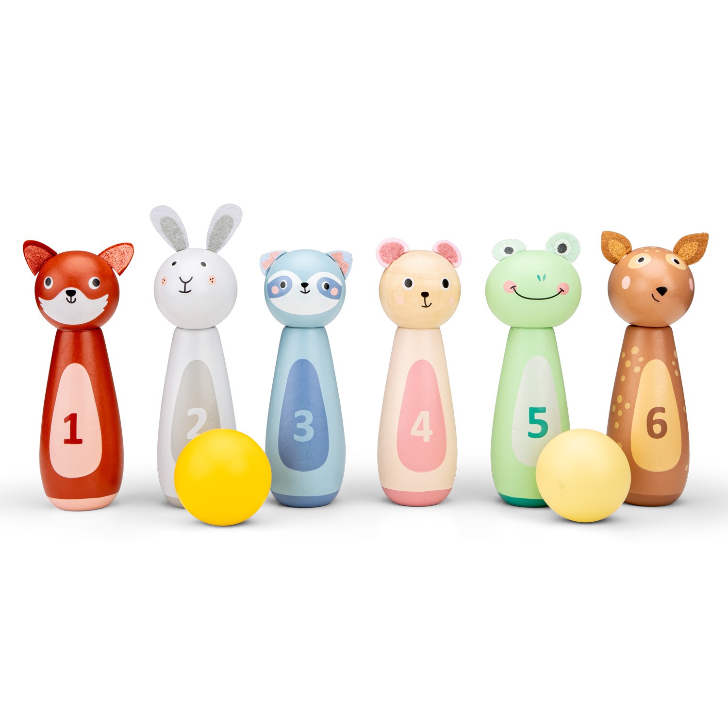 Conjunto de pinos de boliche de madeira coloridos com figuras de animais e números.