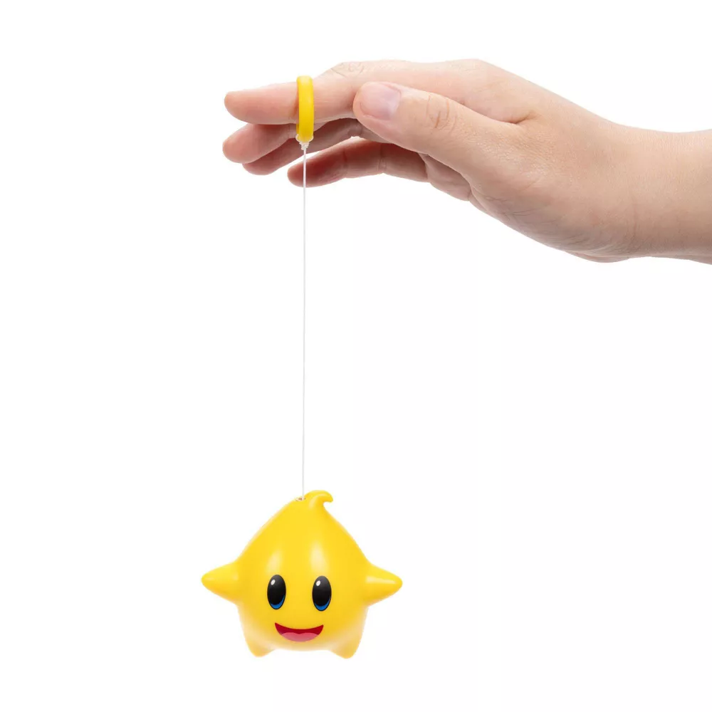 Boneco estrela amarelo com rosto sorridente suspenso por fio