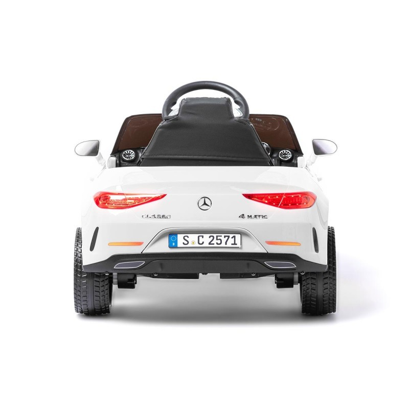 Carrinho elétrico de criança branco com banco preto e logótipos Mercedes-Benz na traseira.