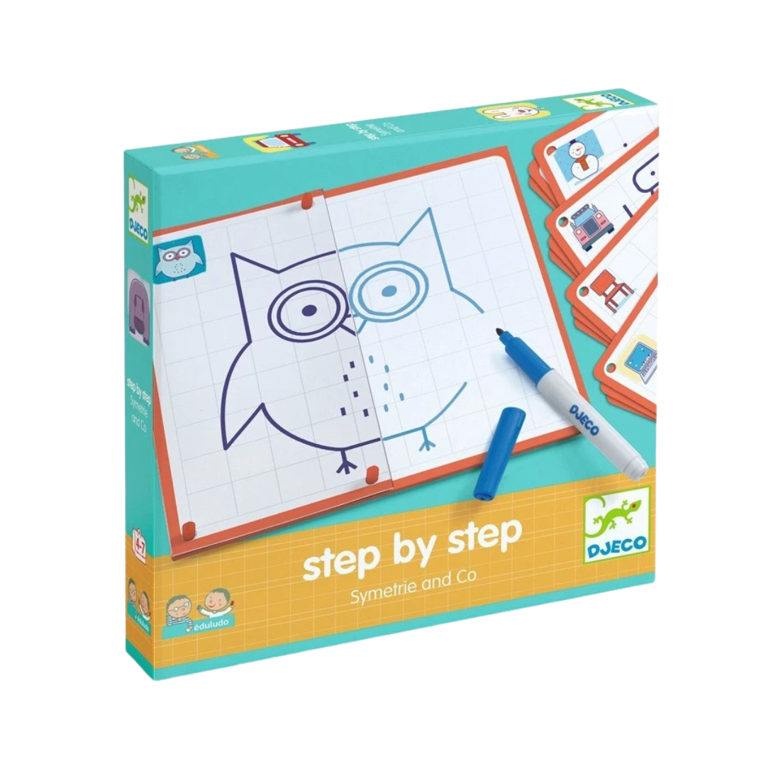 Jogo educativo para desenhar simetria da Djeco em caixa azul e amarelo com marcadores azuis.