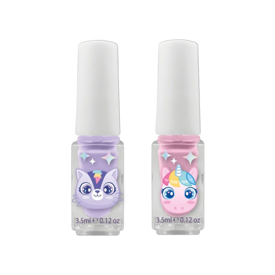 Dois frascos de verniz de unhas lilás e rosa com tampas brancas e personagens desenhos animados