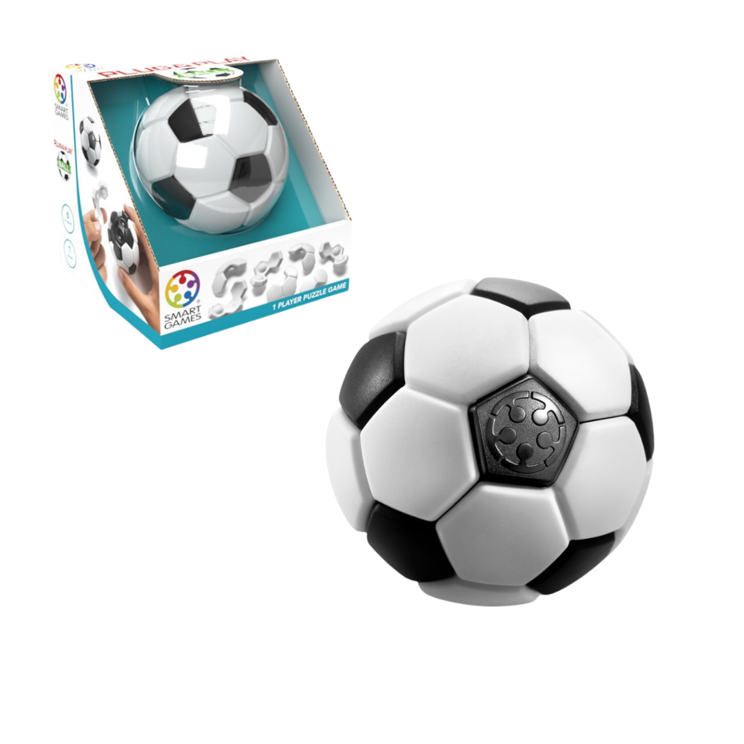Puzzle em forma de bola de futebol preta e branca com embalagem