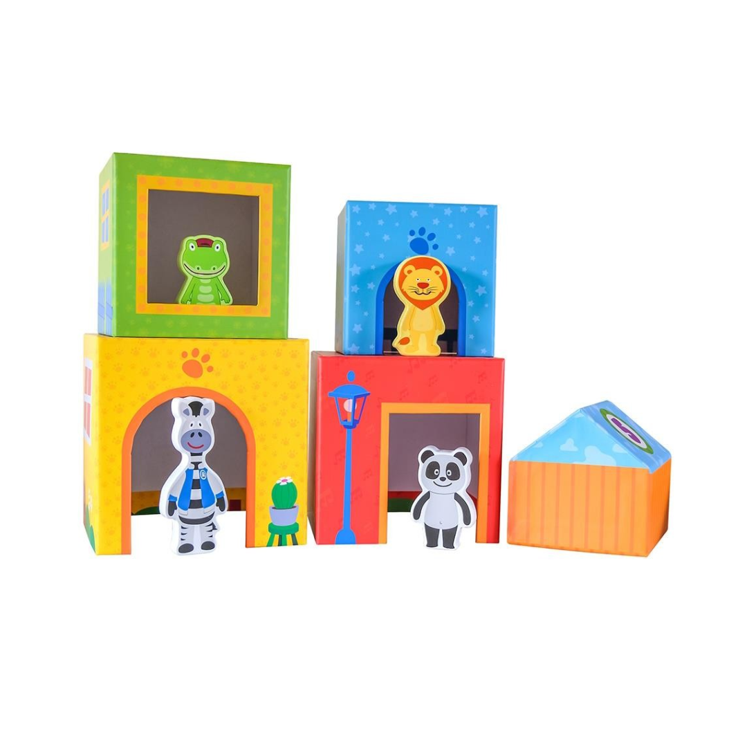 Conjunto de blocos coloridos com figuras de animais e casa de papel