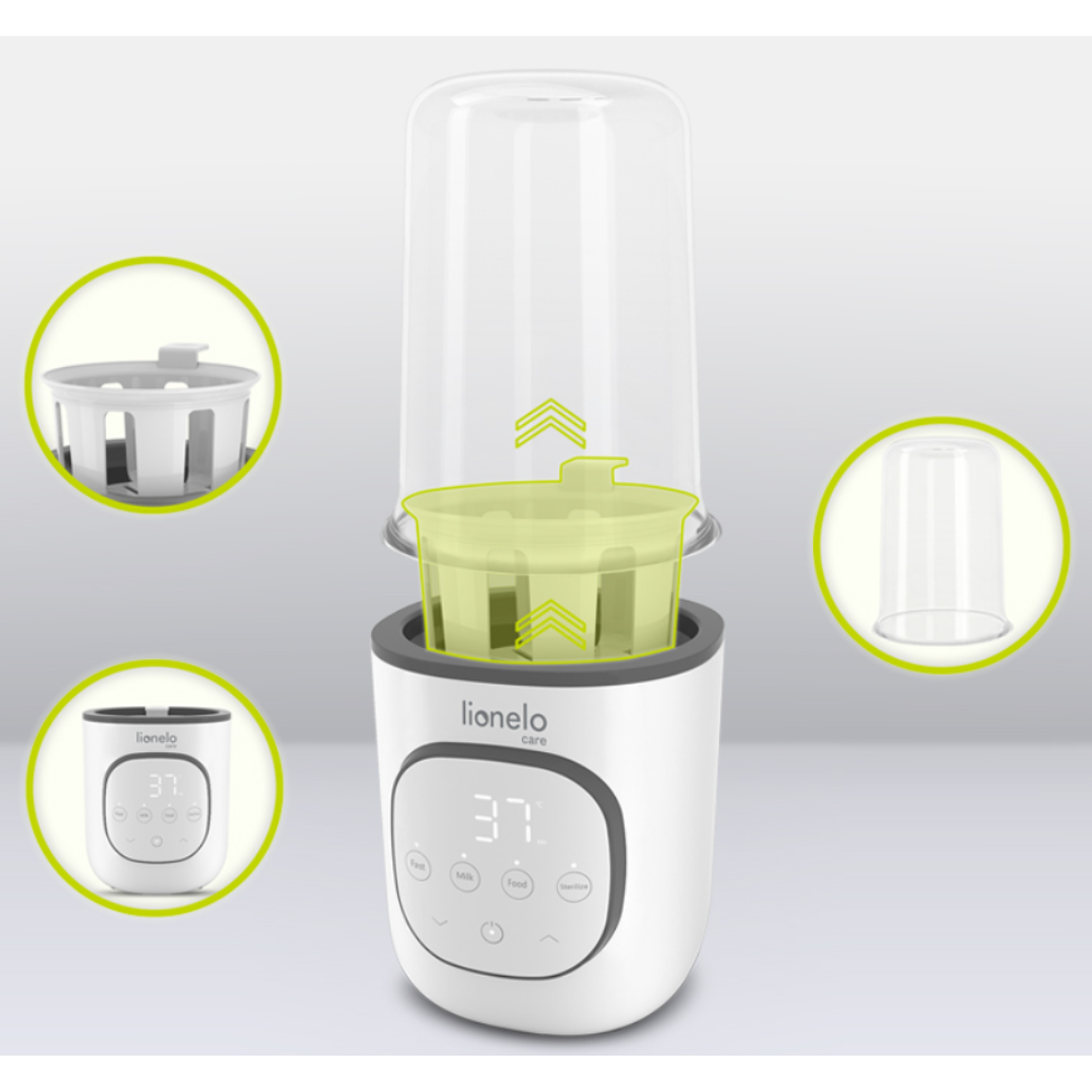 Aquecedor de biberões branco e cinza com visor digital e tampa transparente