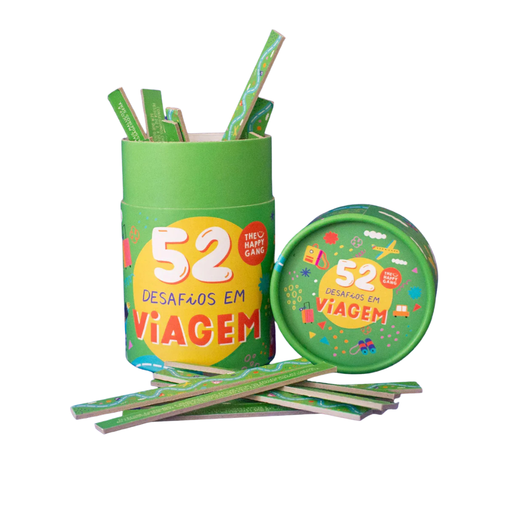 Conjunto de 52 desafios em viagem em embalagem verde cilíndrica colorida