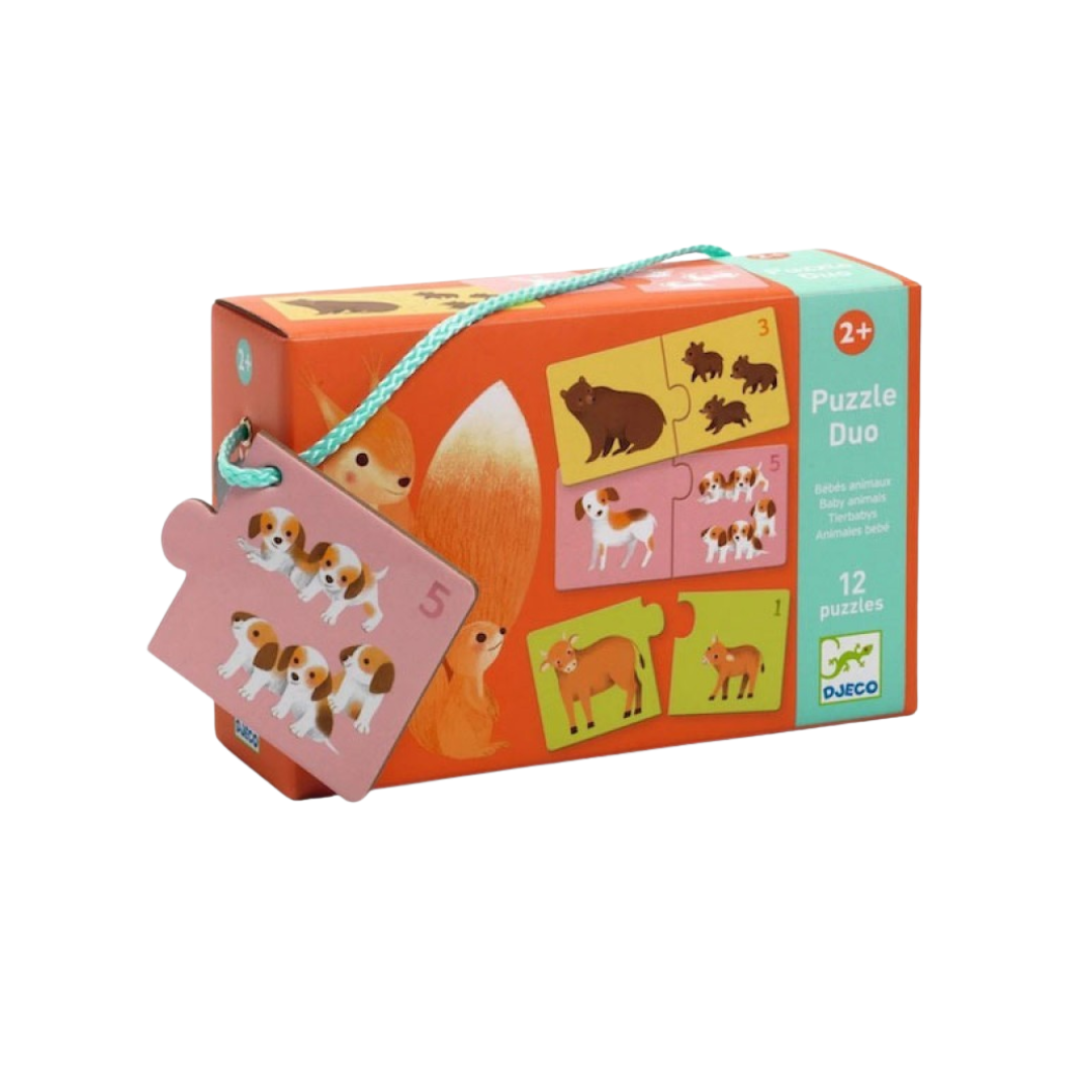 Caixa de puzzle Duo para crianças com ilustrações de animais e etiqueta rosa pendurada