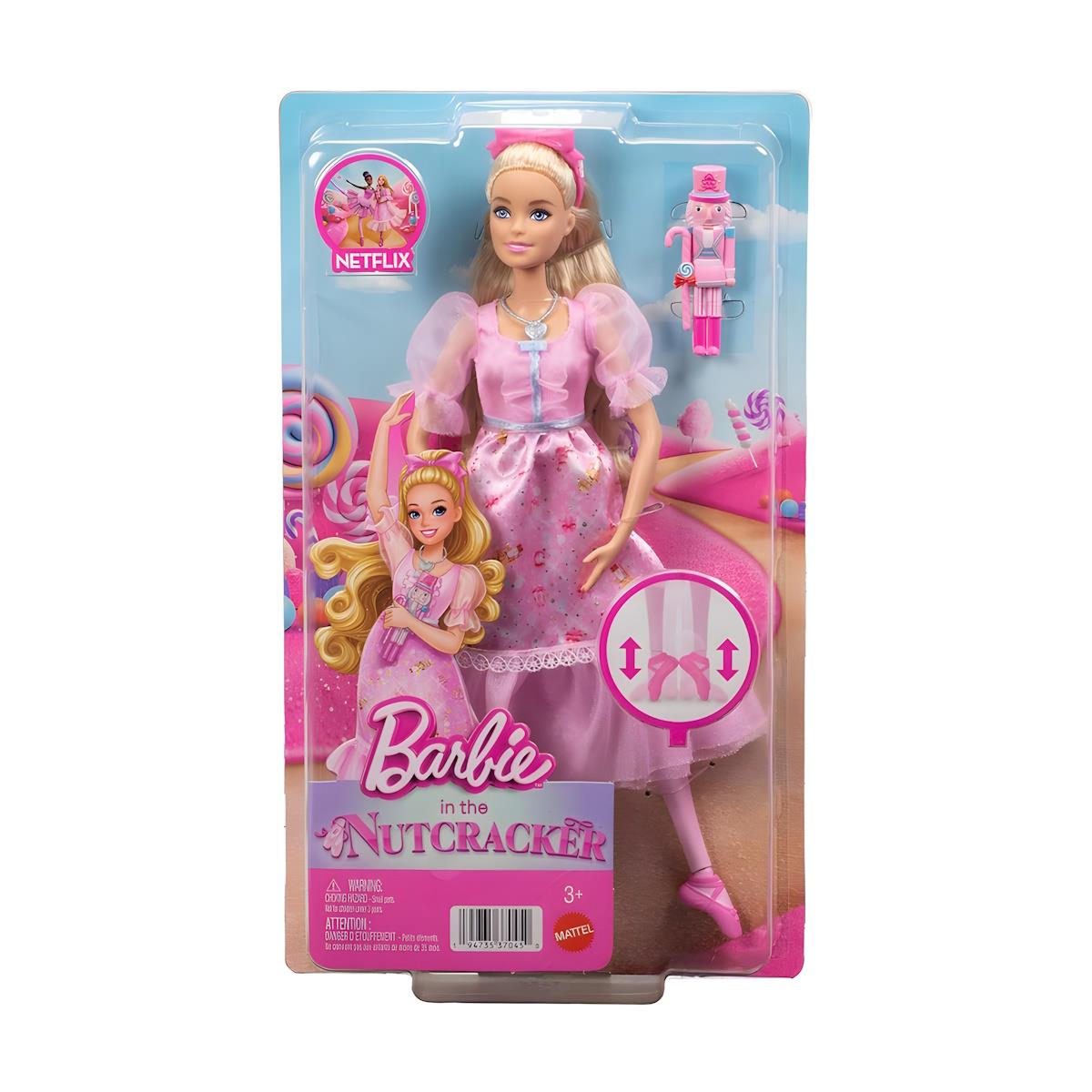 Boneca Barbie rosa em embalagem com texto e acessórios