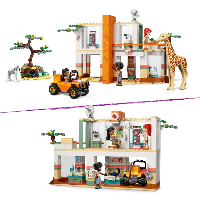 Conjunto LEGO com edifício de dois andares, figuras, girafa, zebra, árvore e veículo amarelo