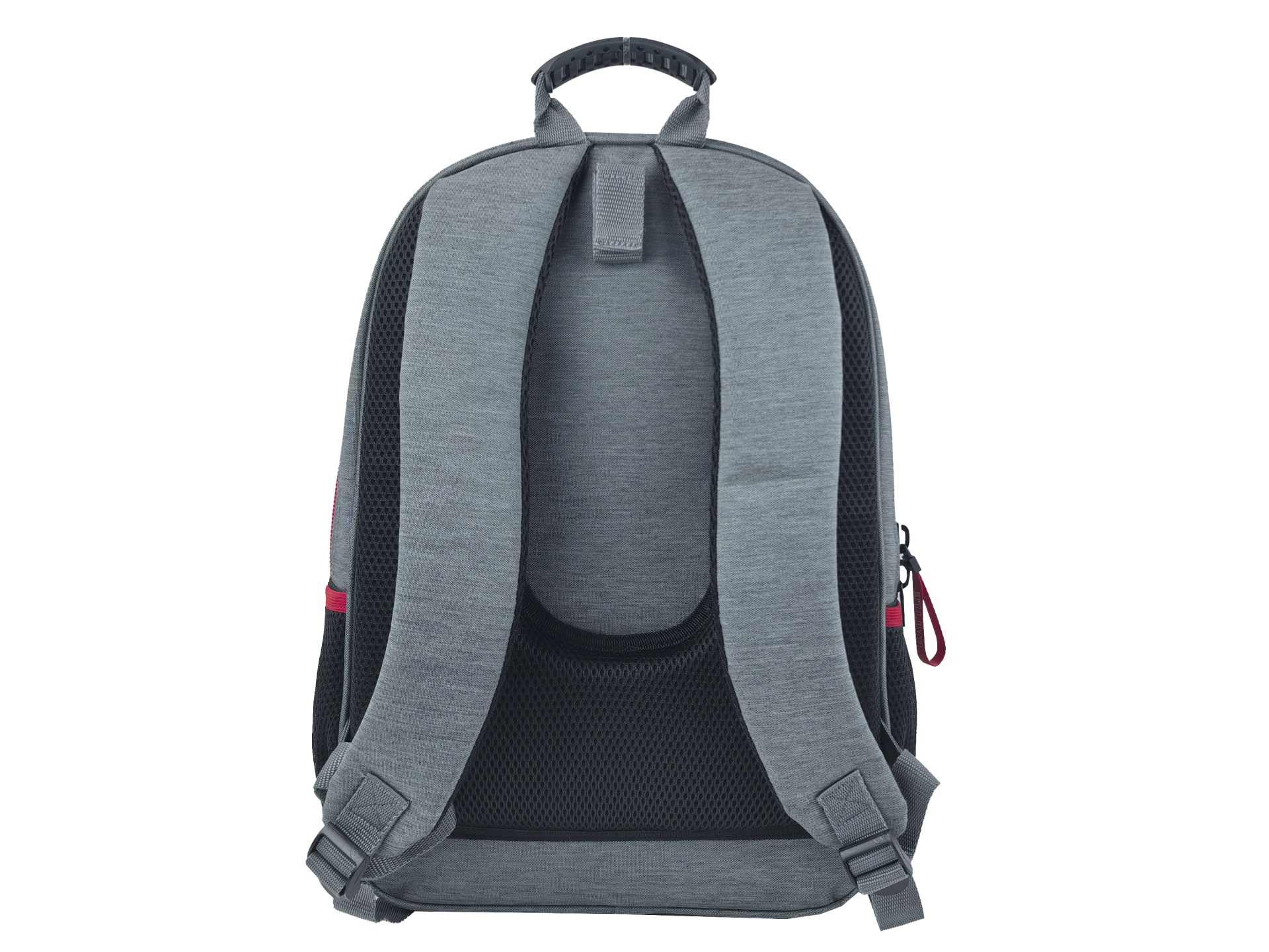 Mochila cinzenta vista de trás com alças almofadadas e detalhes em malha preta