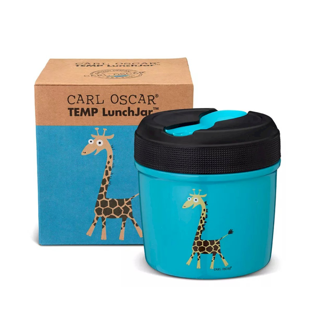 Recipiente para almoço azul com tampa preta e girafa com caixa de papelão castanha e azul.