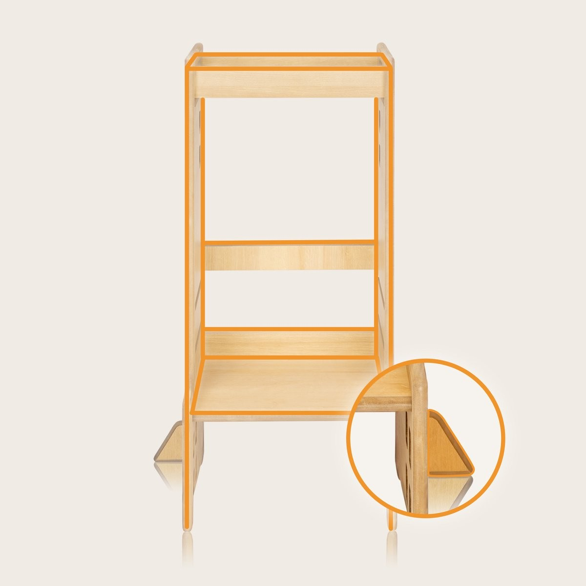 Estante retangular de madeira clara com três prateleiras e destaque circular ampliando detalhe da estrutura.