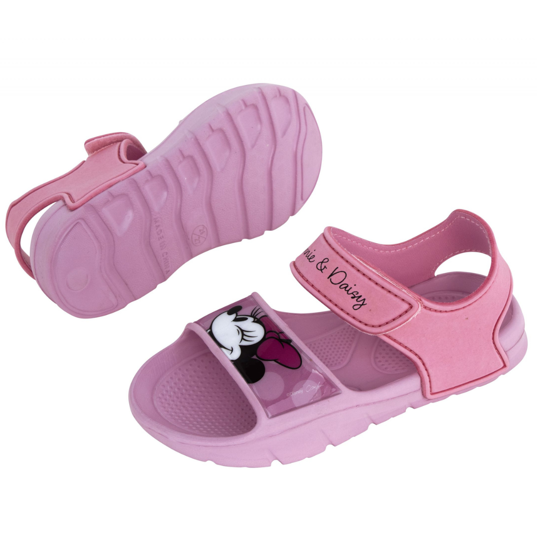 Sandálias infantis cor-de-rosa com imagem da Minnie e fecho adesivo