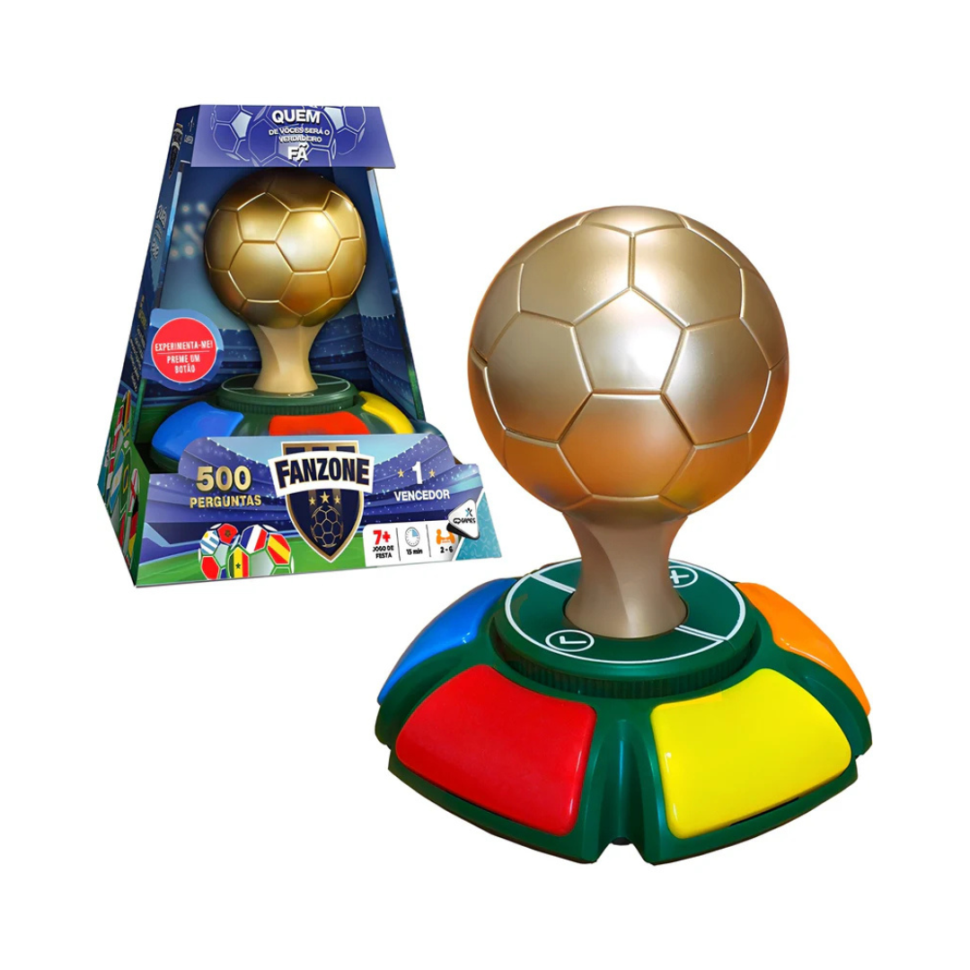 Jogo de perguntas com bola de futebol dourada e base colorida com embalagem azul