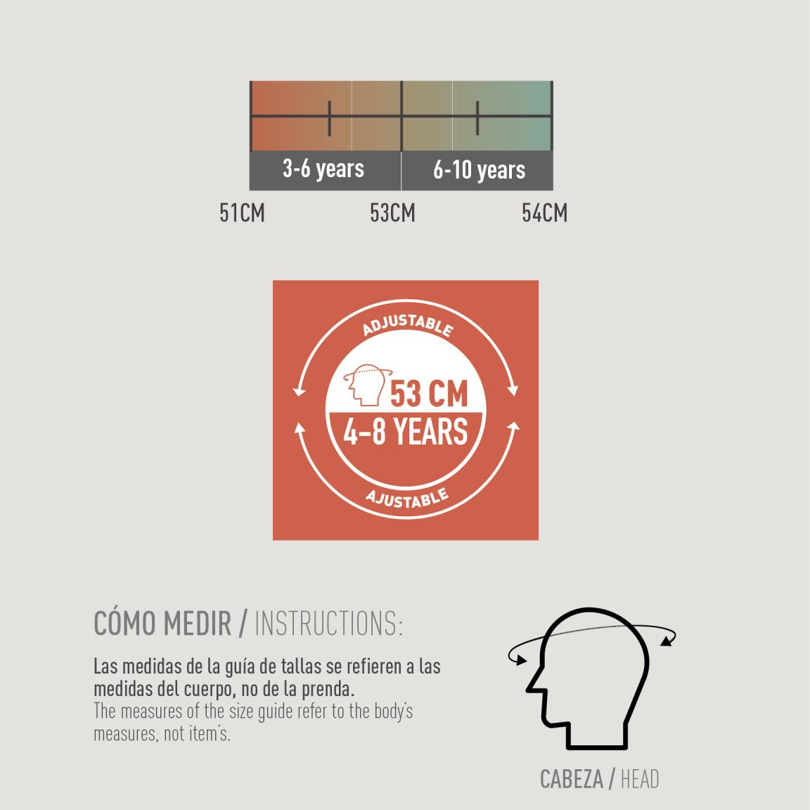 Gráfico de tamanhos ajustáveis de 51 a 54 cm para crianças de 3 a 10 anos e instruções de medição da cabeça.