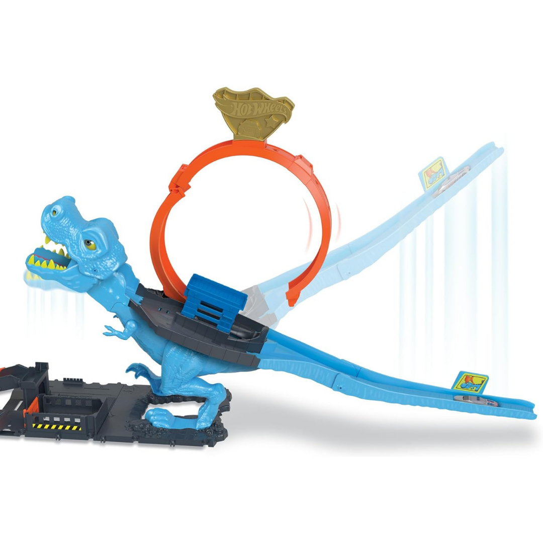 Brinquedo de pista Hot Wheels com dinossauro azul, loop laranja e rampa azul