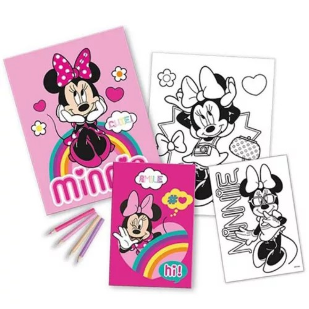 Três cadernos Minnie Mouse para colorir e lápis de cor