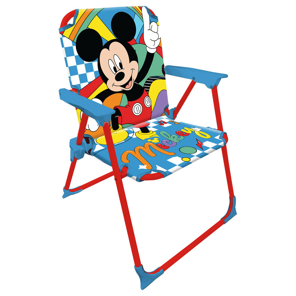 Cadeira infantil dobrável colorida com estampa do Mickey Mouse.