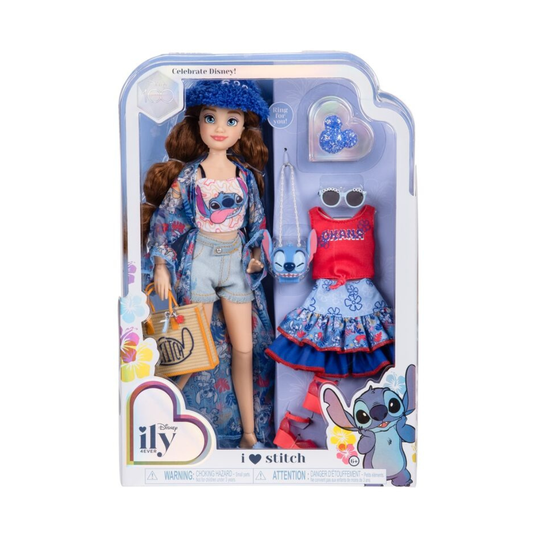 Boneca Disney Ily Stitch com acessórios numa embalagem transparente