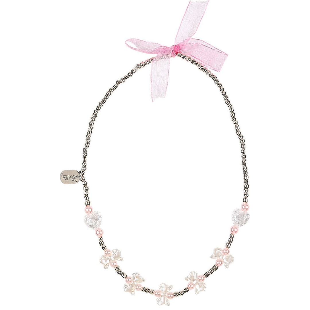 Colar com contas rosa e flores de pérolas com fita rosa