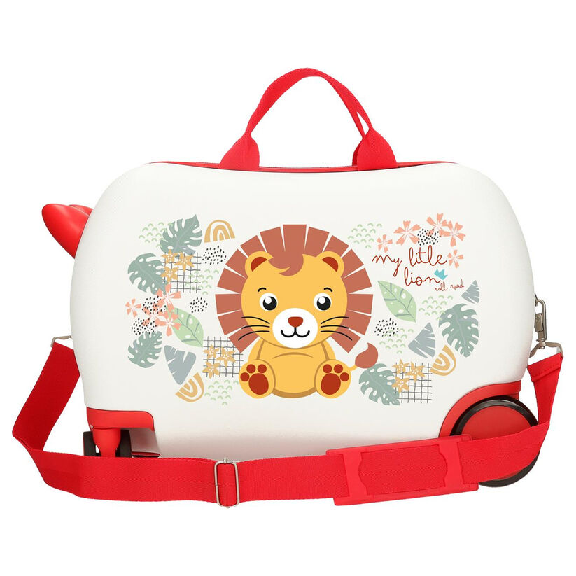 Mala infantil branca com desenho de leão e detalhes vermelhos