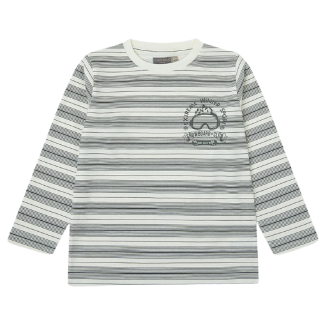 Camisola de manga comprida com riscas horizontais e estampado no peito