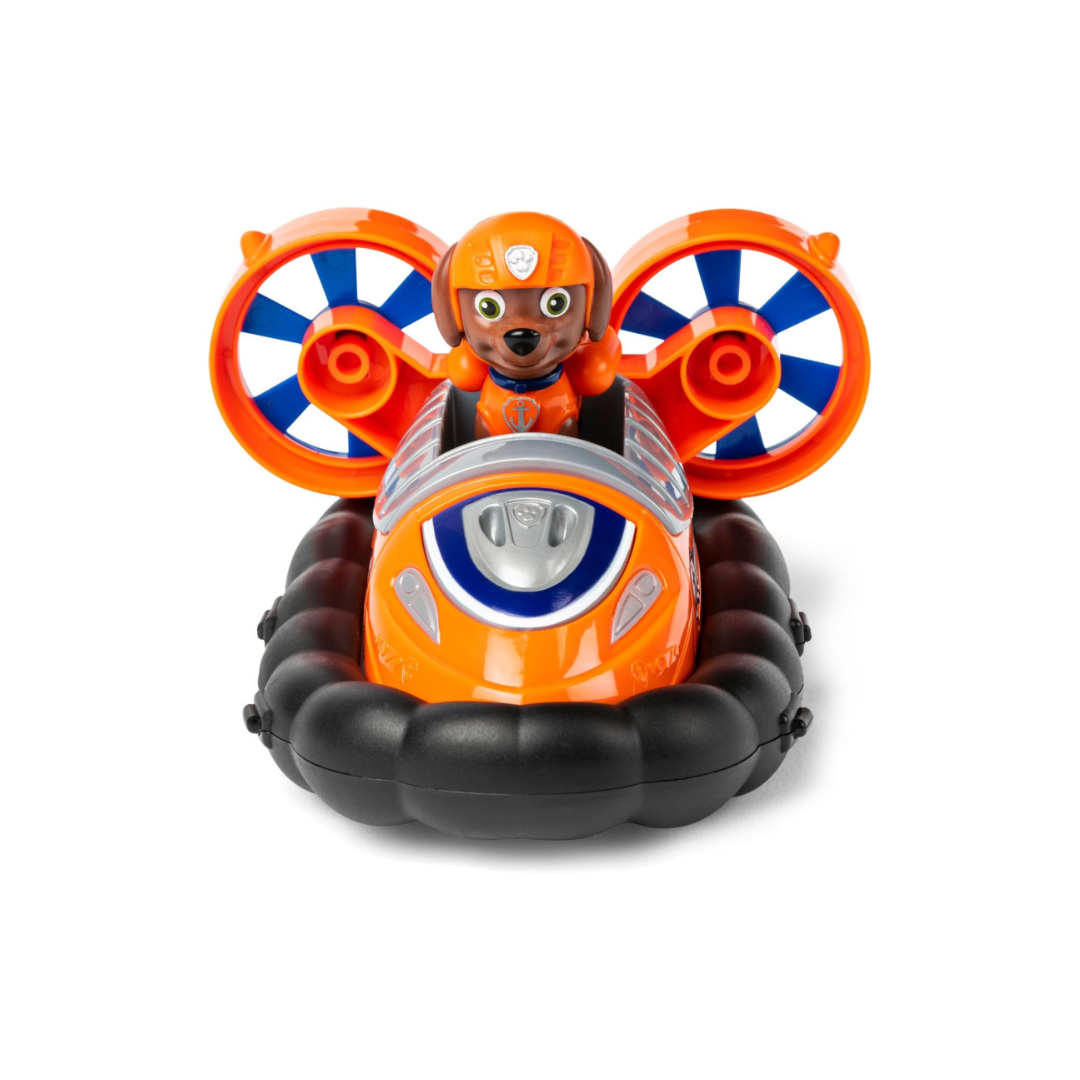 Brinquedo hovercraft com figura de cão vestindo uniforme laranja e capacete